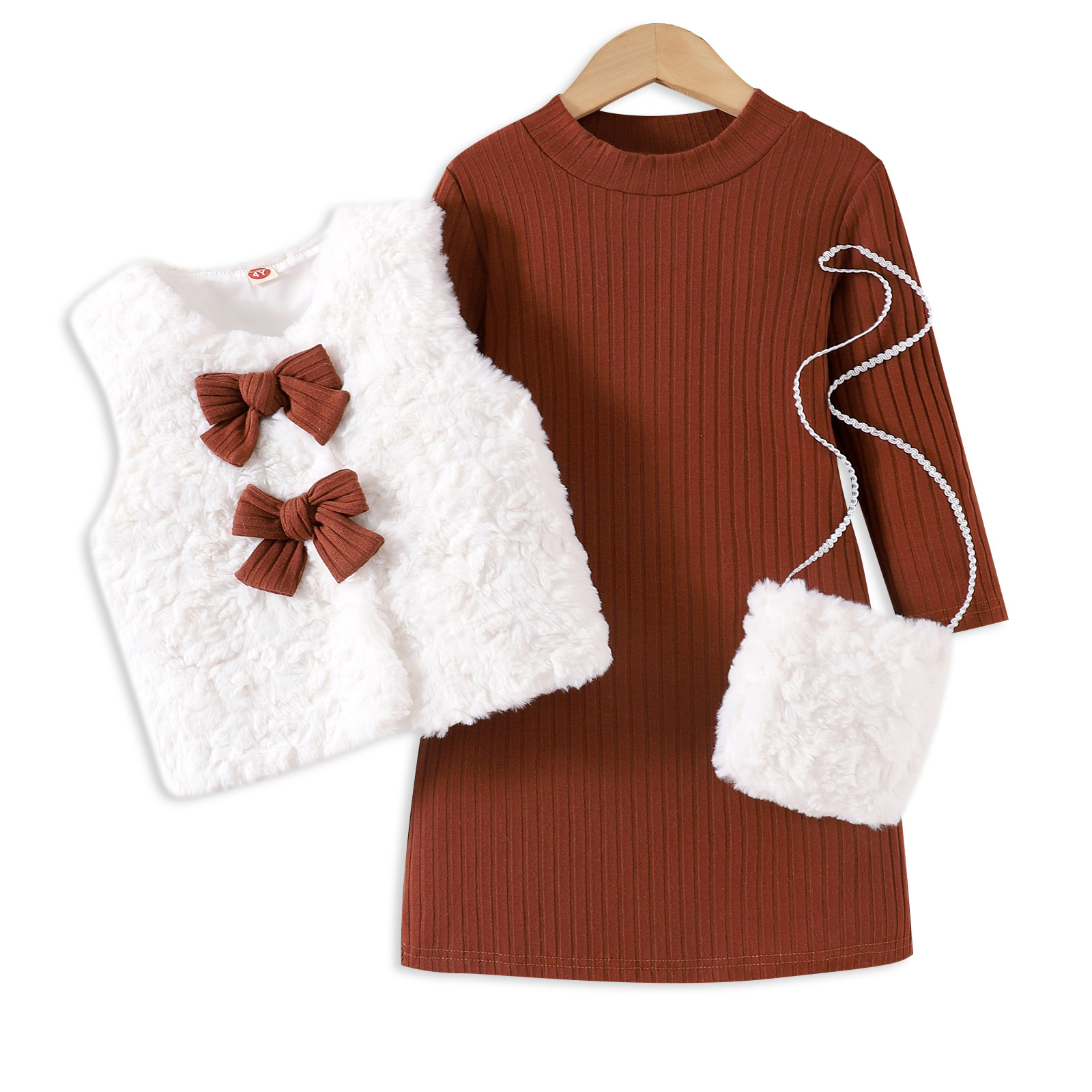 autumn dresses for girls new hot selling solid color striped dress + furry vest + bag children's clothing wholesale Spot goods