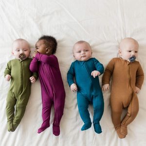 Hongbo Factory Newborn Baby Clothes Clothing Natural Fabric Plain Solid  Long Sleeves 100% Bamboo Footie Zipper Baby Pajamas