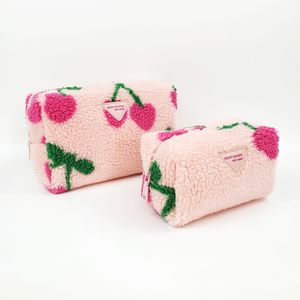 New design custom jacquard pattern women zipper beauty makeup bag soft make up bag cute teddy puffy cosmetic bags cherry