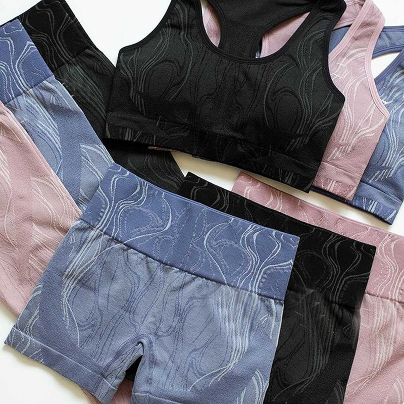 Cross Summer Seamless Knit Printed High Waisted Hip Lifting Exercise Yoga Wear Set