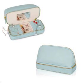 Travel organizer genuine pu leather makeup storage jewellery box cosmetic bag with mirror Jewelry Storage Bag Cosmetic Bag