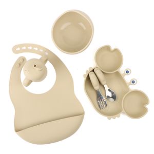Baby Feeding Set Stainless Steel Suction Cup Bowl Spoon Fork and Silicone Bib Tableware Dinnerware Sets