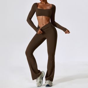 Women long sleeve crop top yoga flare leggings gym fitness activewear sets