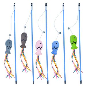 Blue Pole Cat Nip Pet Interactive Toy with Colorful Plastic PVC Feather Plush Fish Tease for Indoor Cats Playful Fun!