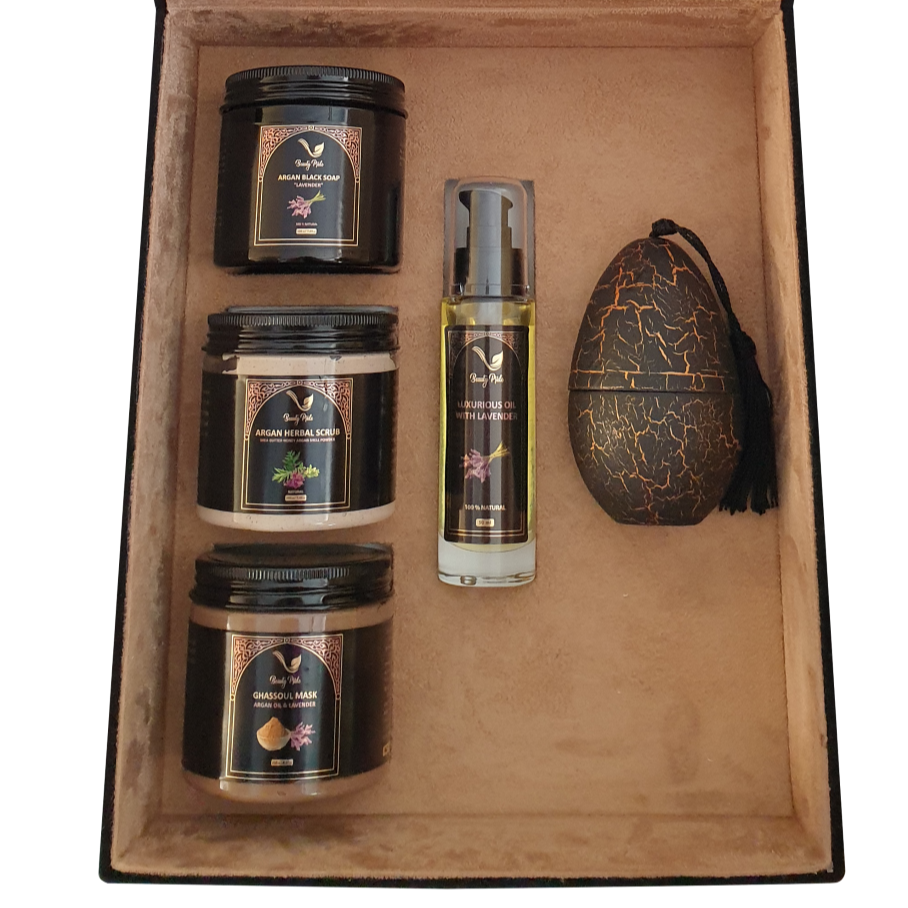 Professional Private Label Hot Sell Organic Lavender Pack Mask Herbal Scrub Black Soap & Luxorious Oil SkinCare Set