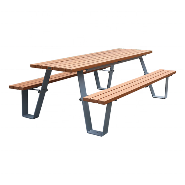 outdoor furniture commercial long composite wood picnic table outside restaurant patio metal frame wooden dining table chair