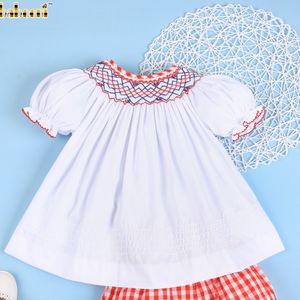 Exquisite geometric smocked girl short set white and red ODM OEM wholesale smocked children clothing - BB1930