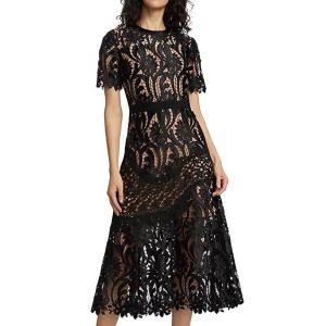 High end lace embroidered short sleeved black elegant evening dress