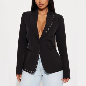 High Quality Women Long Sleeve Custom Design One Button Eyelet Casual Black Blazer