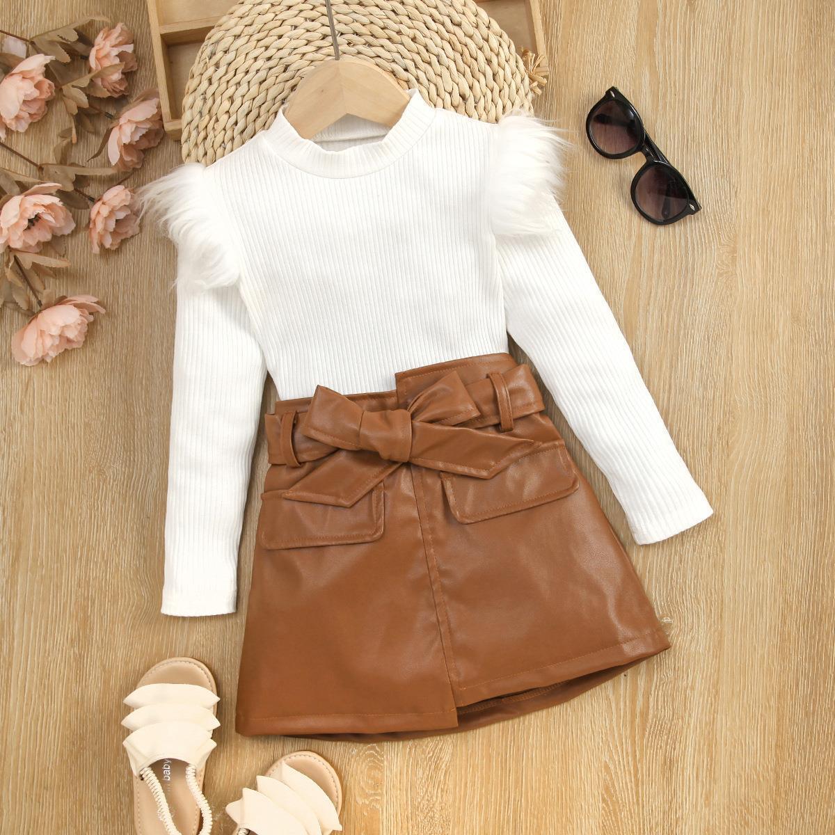 wholesale Girls Autumn Clothes Sets Baby Knitwear Leather skirt 3PCS Children Outfits