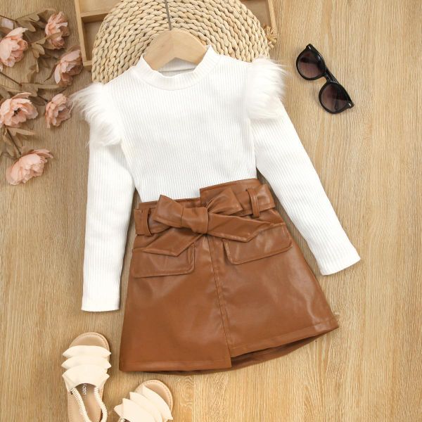 wholesale Girls Autumn Clothes Sets Baby Knitwear Leather skirt 3PCS Children Outfits
