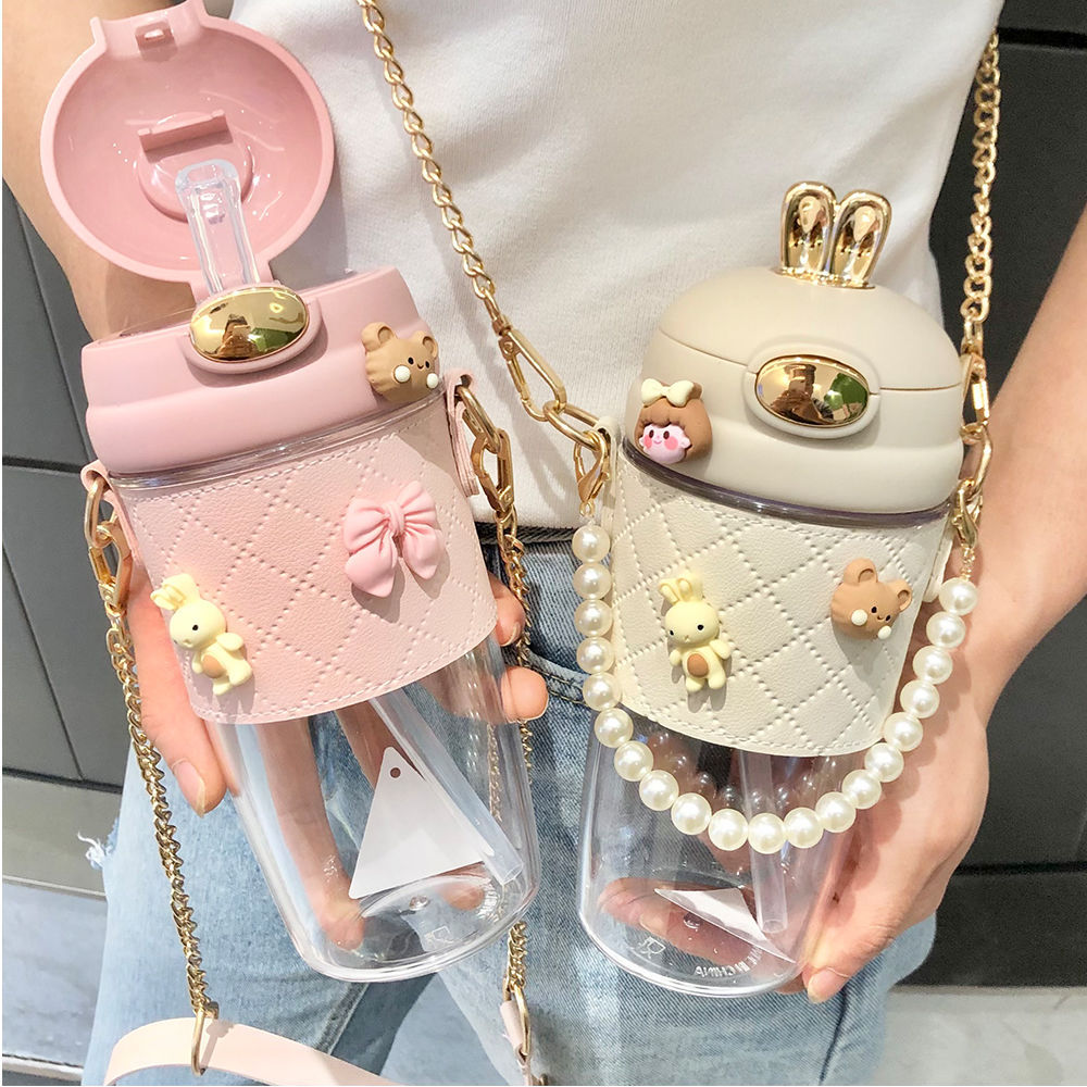 380ml 580ml cute rabbit ear Plastic water bottle Cup ins girl kids portable plastic bottle with straw pearls metal chain strap