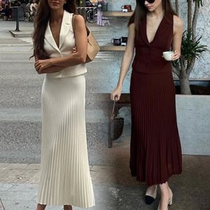 summer ladies clothing women elegant temperament loose collar vest coat are long pleated skirt fashion two piece women's sets