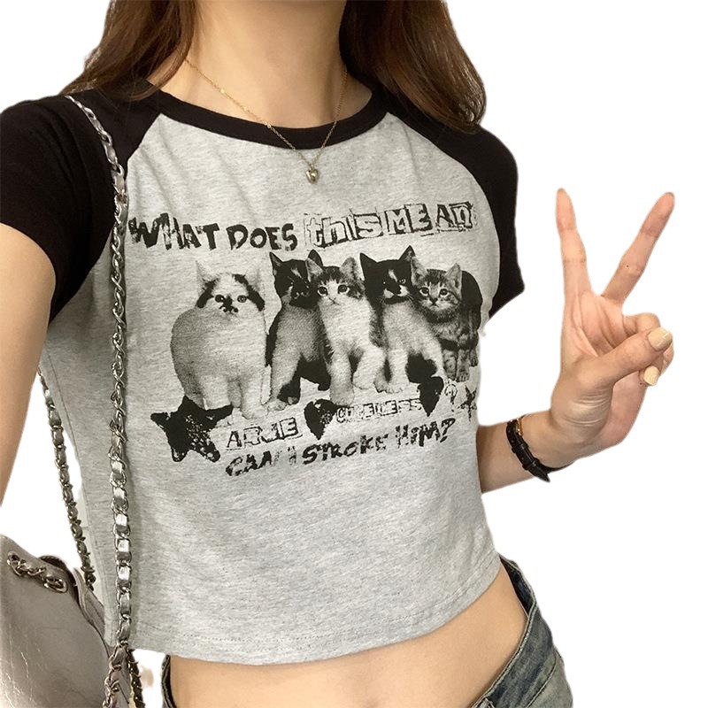 European and American contrasting color top T-shirt for summer slim fit round neck fashionable short sleeved women
