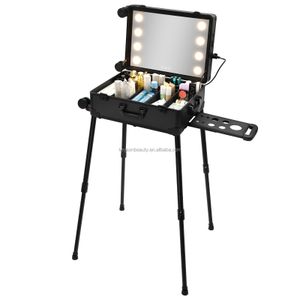 2023 Multifunction Professional Aluminum Makeup train Case with Lights Rolling Makeup Station Case for Beauty Salon Artist