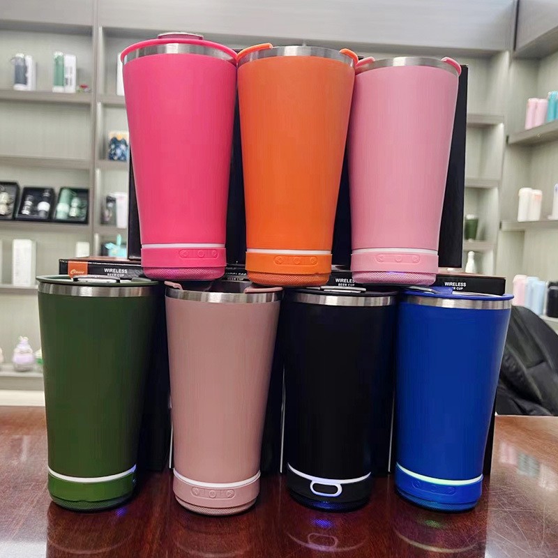 Chengdu LiveWater Stainless Steel Products Co.,Ltd Hot Selling Reusable Stainless Steel Double Wall Travel 480ML 16oz Beer Tumbler Mug Coffee Cups with lid and Blue tooth Speaker
