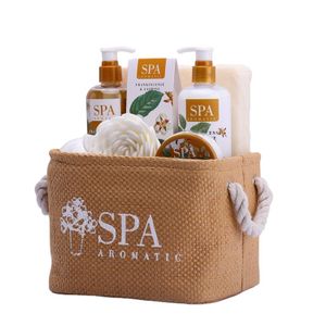 Customized fragrance oil perfume spa bath gift set with woven handbag shampoo shower gel body wash bubble bath set