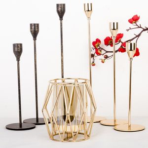 Modern Elegant Style Cylinder Candlestick Holder Home Decor Glass Flower Vase with Geometric Gold Metal Candle Holder