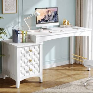 Tribesigns White Desk with Drawer Cabinet Modern Computer Desk with 3 Storage Drawers Reversible Office Desk with Printer Space