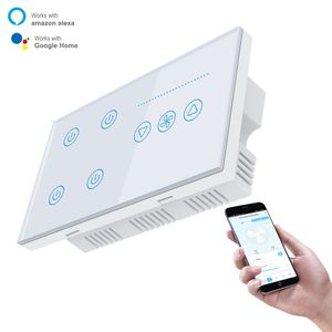 WiFi Glass Panel 4 Gang Smart Wall Touch Light Switch and Fan Switch Work with Tuya App Smart Life Google Home Alexa