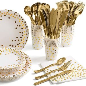 Gold Paper Plates Napkins Cups with Gold Plastic Silverware Sets for Wedding Bridal Shower Baby Shower Holiday Parties