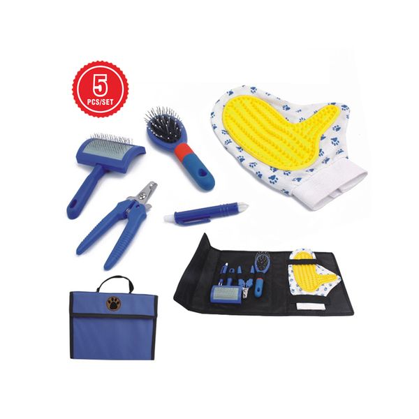 Professional Pet Grooming Supplies Hot Sale 5 in 1 Cat Dog Grooming Set Bag Portable Dog Glove Comb Nail Scissors Flea Clip Kit