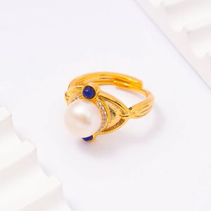 Fashion women adjustable rings baroque pearl crystal hollow twisted finger ring