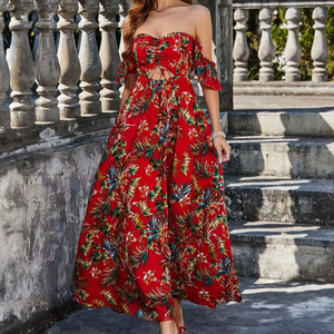 Double Crazy Floral Pattern Off-Shoulder Long Sleeve Dress