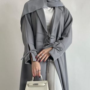 Middle East Belt Open Front Abaya Robe Modest Abaya Dresses Low MOQ Blue Abaya Muslim Autumn Dresses Chiffon Polyester Fiber