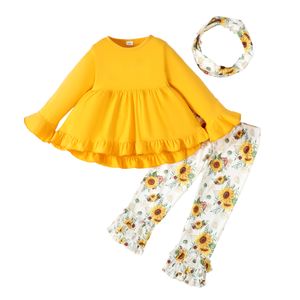 Kids Baby Girl 3Pcs Fall Clothing Sets Solid Long Sleeve Top Floral Long Pants Soft Cotton Clothes