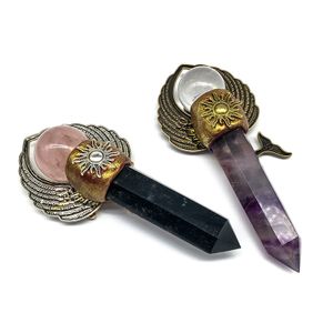 Wholesale  high quality crystal magic stick 15cm obsidian design towers mix material rose quartz magic points for decoration