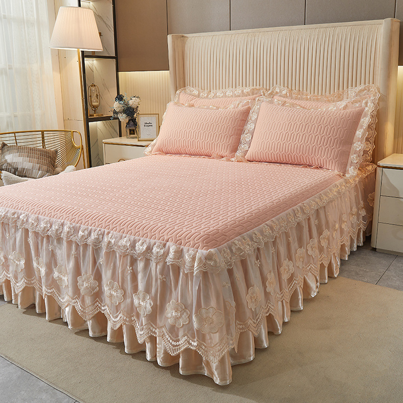 Henan Tongxinxu Textile Co., Ltd. Three-Piece Set of Printed Bed Skirt and Lace Bed Sheet Ice Silk Bed Cover for Home Hotel or Wedding Use