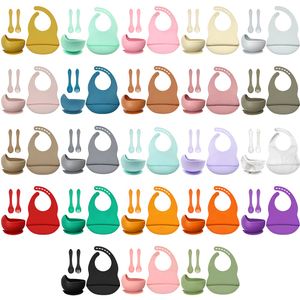 New Design High Quality Wholesale Three In One Set Baby Feeding Soft Silicone Baby Bib Bowl And Spoon Baby Feeding Set Silicone