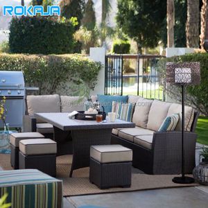 Outdoor Garden L Shape Sofa Set Leisure Patio Rattan Sofa Furniture Backyard Living Room Sofa Chair Set Corner Dining Table Set