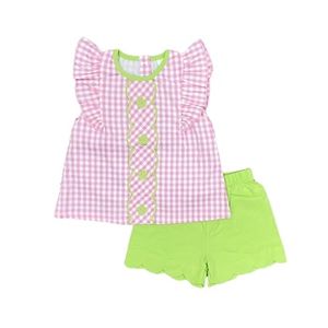 Wholesale Baby Girl Clothing Sets Children Spring Embroider Flower Sets Kid Gingham Clothes