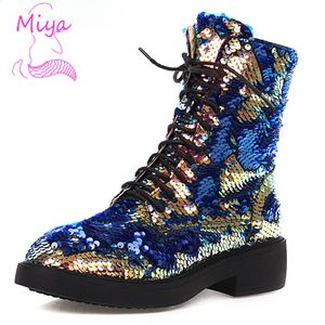 B-018 2024 New Sequined Cloth Women Boots Lace Up Square Mid high Heels Fashion Ankle Boots Colors Ladies Shoes Martin Boots