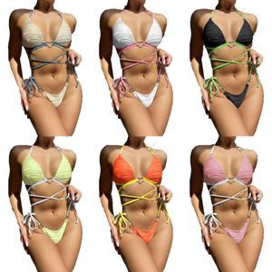 Fashion America Style Sexy Ladies Bikinis Solid Swimwear  Two-Piece Sets  High Waist Lace Up Bikini Swimsuits