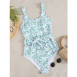 Wholesale Allover Graphic Belted one piece swimwear , ladies chlorine-resistant swimwear ,