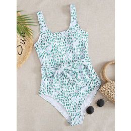 Wholesale Allover Graphic Belted one piece swimwear , ladies chlorine-resistant swimwear ,