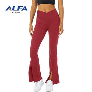 Alfa Workout Crossover Gym Red Yoga V-cross Waist Front Split Flare Pants Dance Bootcut Leggings With Pockets For Women