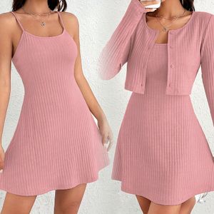 Autumn new knitted women clothing ladies dresses high grade pink knitted cardigan dress two piece women's casual sets