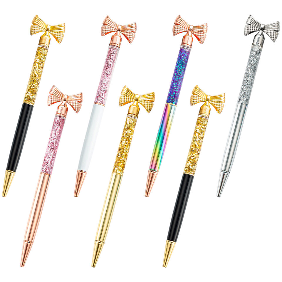 Gift Promotional Bow Top Ball Pen Customized Logo Colorful Slim Metal Body Liquid Glitter Metal Pen