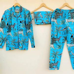 Radhika Fashion Set Of 3 Pic For Women's Comfortable Night Dress In Summer handmade Natural Cotton Jungle print Pajamas Set