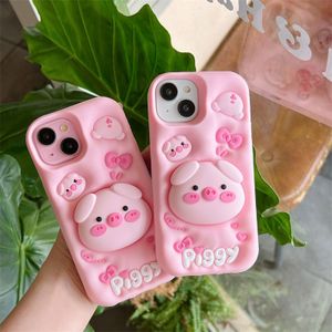 Cute Pink 3D Pig Holder Bracket Silicone Mobile Phone Case For iPhone 16 15 14 pro max 13 12 11 Shockproof Protect Cartoon Cover