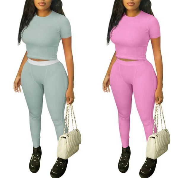 women's wholesale clothing set ribbed solid blank basic tshirt and legging two pieces set fall 2024 women clothes loungewear