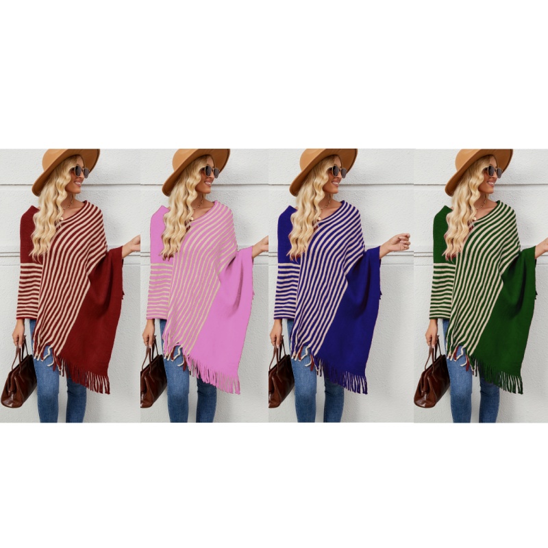 Guangzhou Shangsi Fashion Co., Ltd. manufacturer customized sorority knitted poncho casual stripe sweater shawl for womens