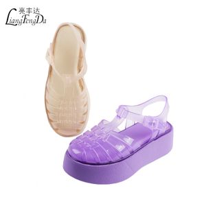 Summer Thick Soled Roman Sandals Waterproof Heightening Women's Slippers Outerwear Retro Flat Jelly Shoes Heel Protection PVC