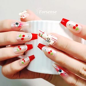 handmade acrylic coffin press on nail luxury 3d cherry fake nail with design custom salon designer false nail tip art decoration