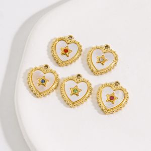 Dainty White Shell Heart Pendant Gold Plated Stainless Steel Heart Charms with Star Pattern Diamond Inlay for DIY Jewelry Making