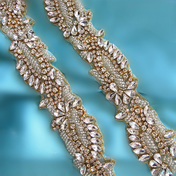 (10 yards) Wholesale handmade beaded bridal gold crystal rhinestone applique trim iron on for wedding dresses sash WDD0695